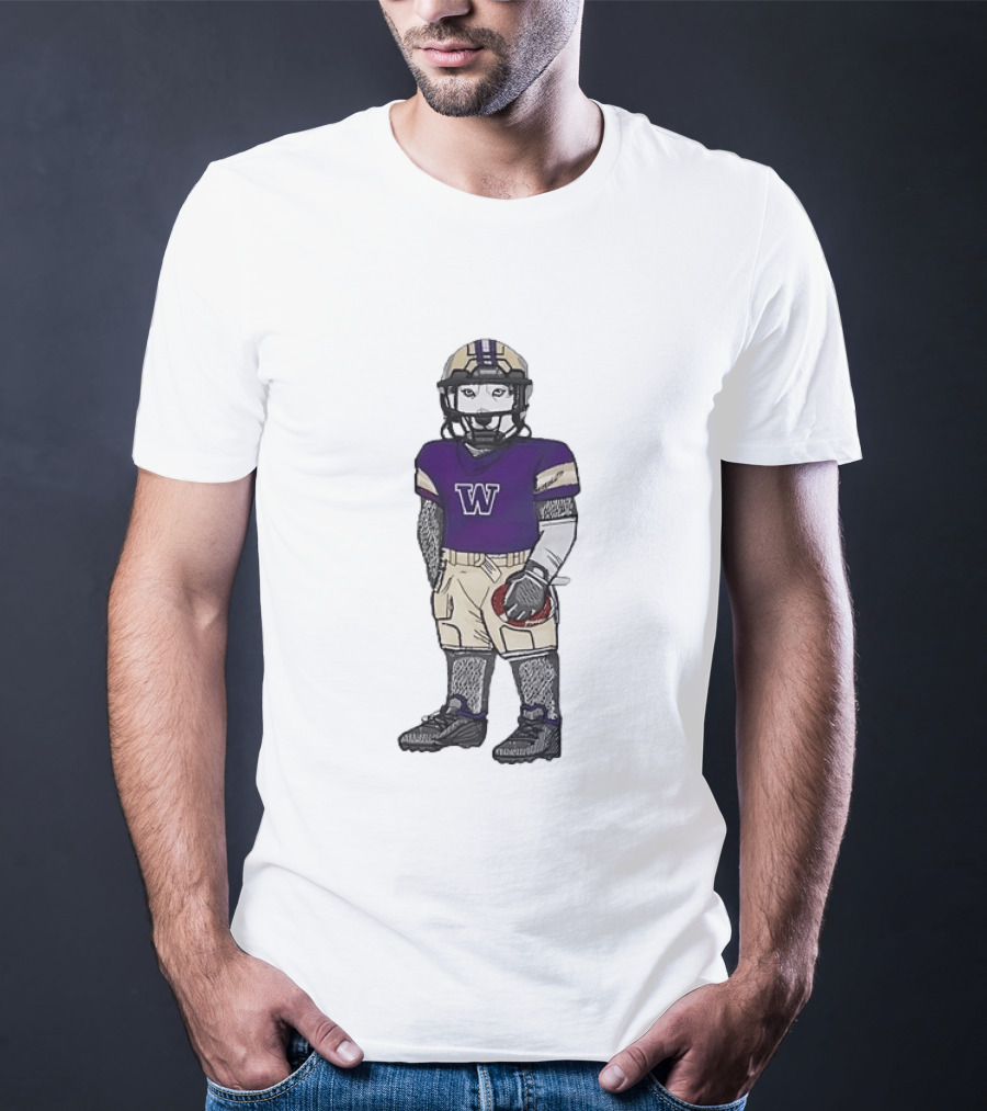 Washington Huskies Football Player Husky Mascot With Purple Jersey T-Shirt