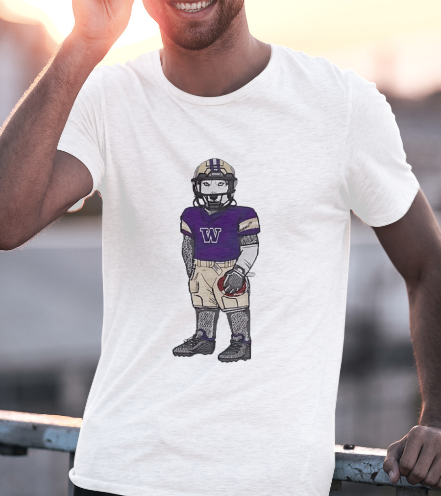 Washington Huskies Football Player Husky Mascot With Purple Jersey T-Shirt