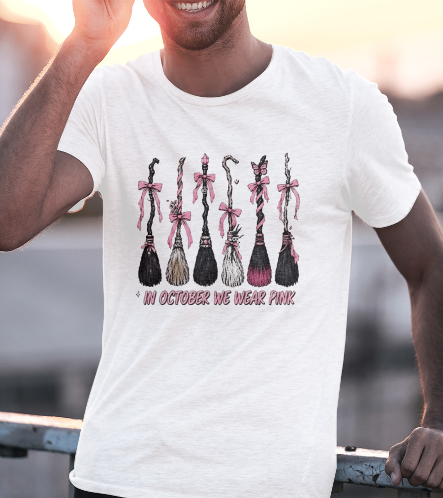 In October We Wear Pink Witch Brooms Breast Cancer Awareness T-Shirt