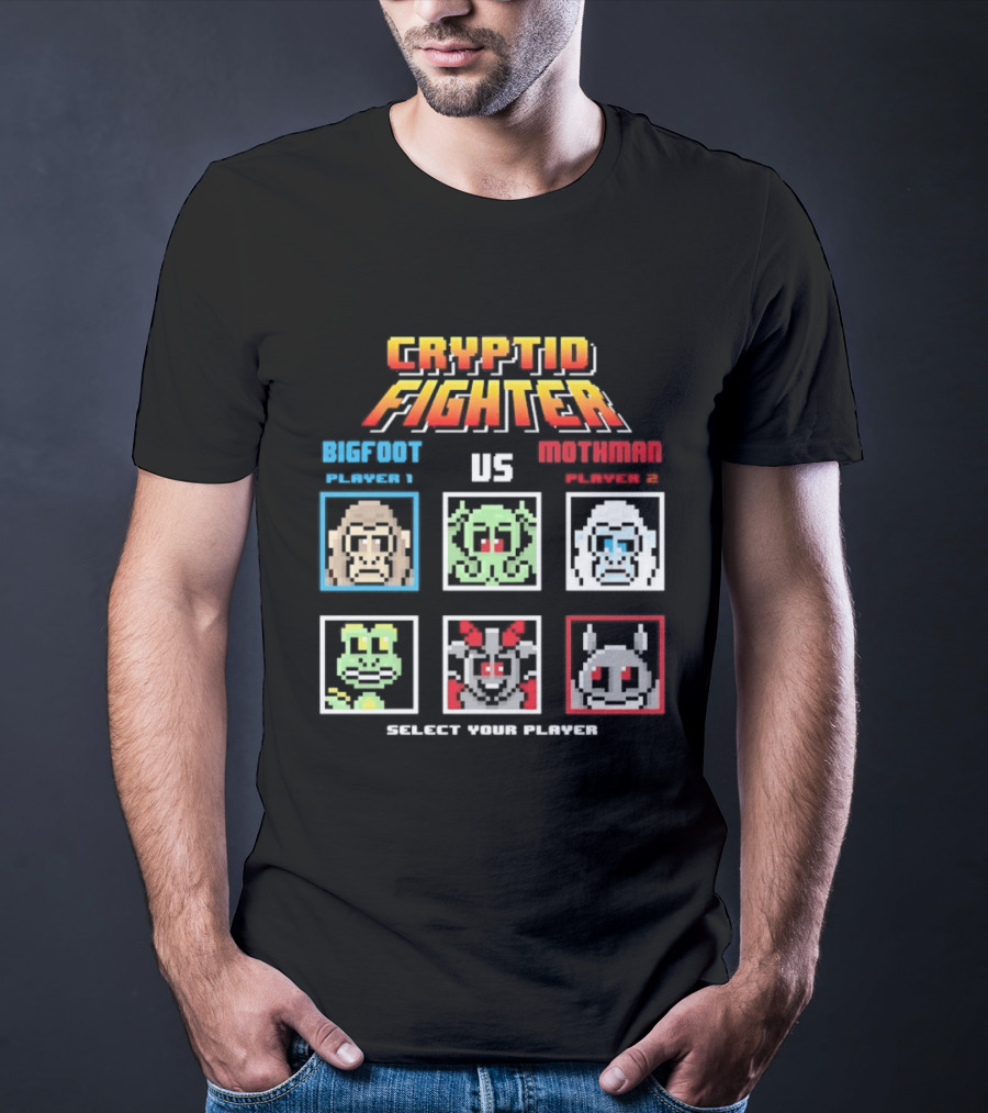 Cryptid Fighter Bigfoot Player 1 Vs Mothman Player 2 Select Your Player T-Shirt