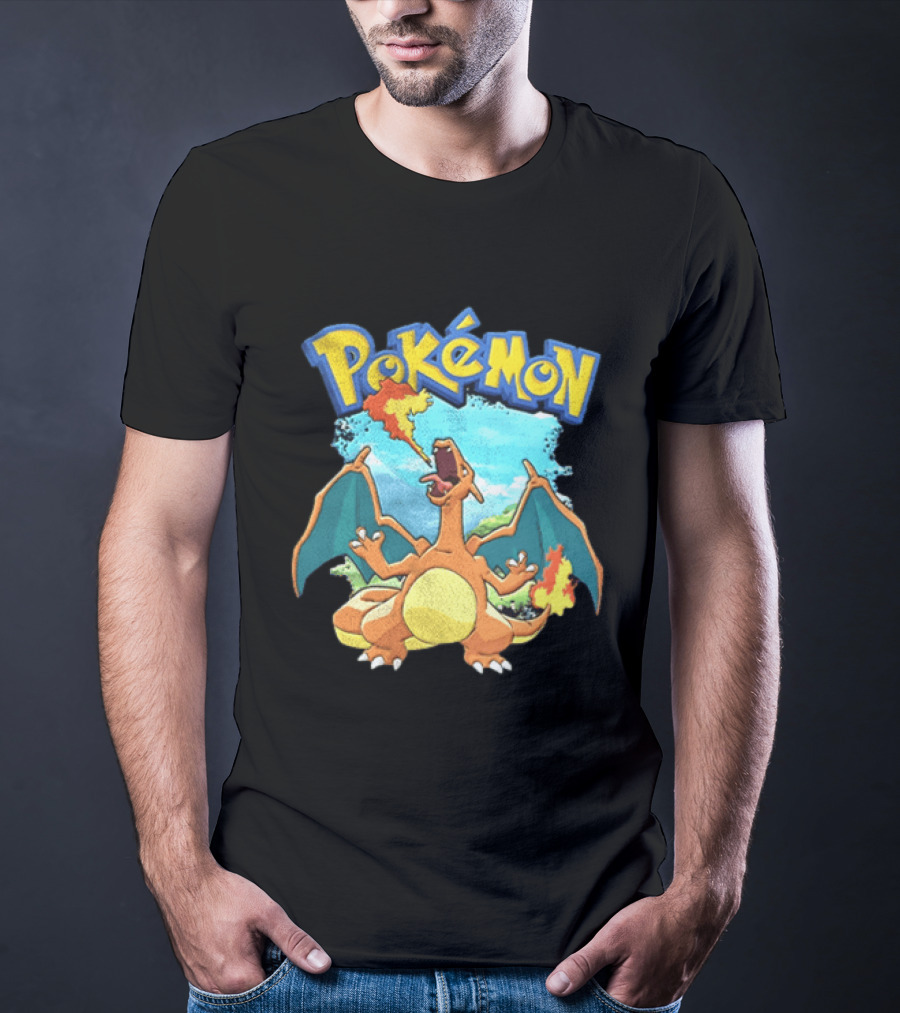 Pokemon Charizard Breathing Fire In Green Landscape T-Shirt