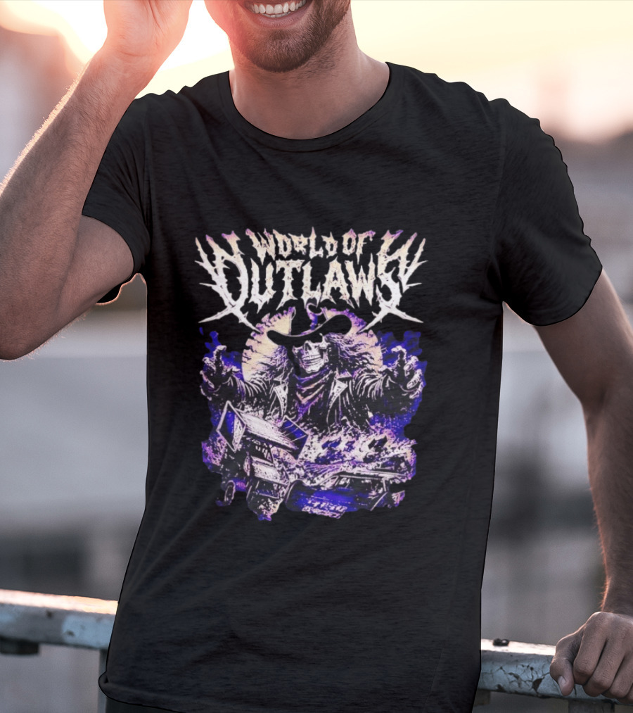 World Of Outlaws Skeleton Cowboy With Sprint Car Racing T-Shirt