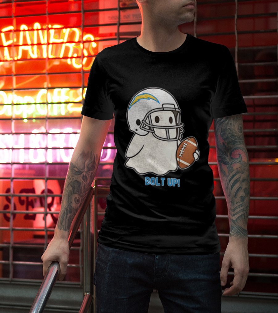 Los Angeles Chargers Bolt Up Ghost Football Helmet Holding Ball T-Shirt