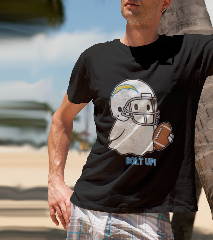 Los Angeles Chargers Bolt Up Ghost Football Helmet Holding Ball T-Shirt