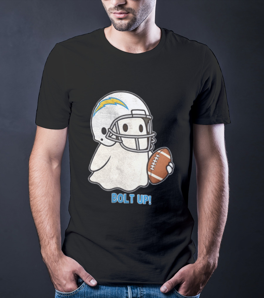 Los Angeles Chargers Bolt Up Ghost Football Helmet Holding Ball T-Shirt