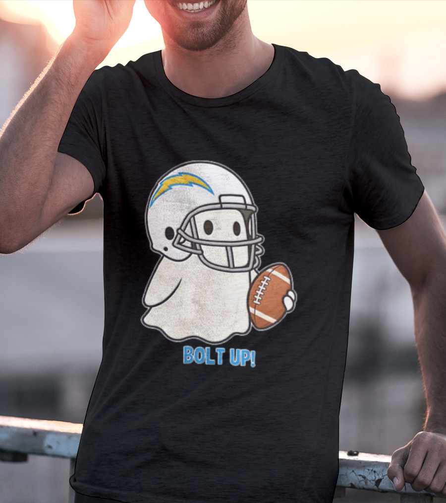 Los Angeles Chargers Bolt Up Ghost Football Helmet Holding Ball T-Shirt