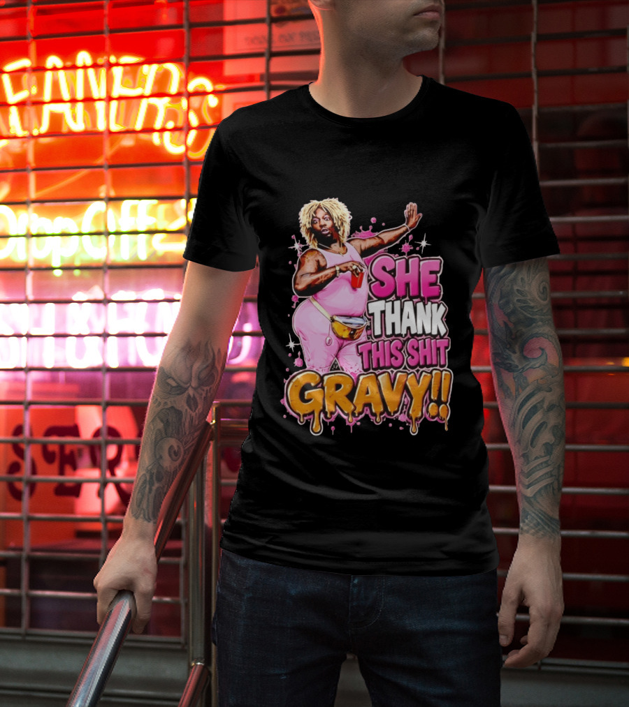 Yung Gravy She Thank This Shit Gravy Rapper Pink Outfit Drink Pose T-Shirt