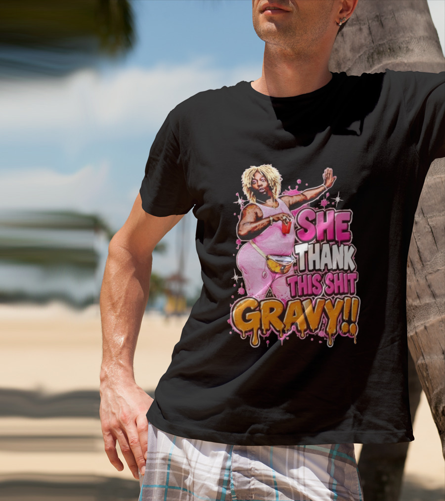 Yung Gravy She Thank This Shit Gravy Rapper Pink Outfit Drink Pose T-Shirt