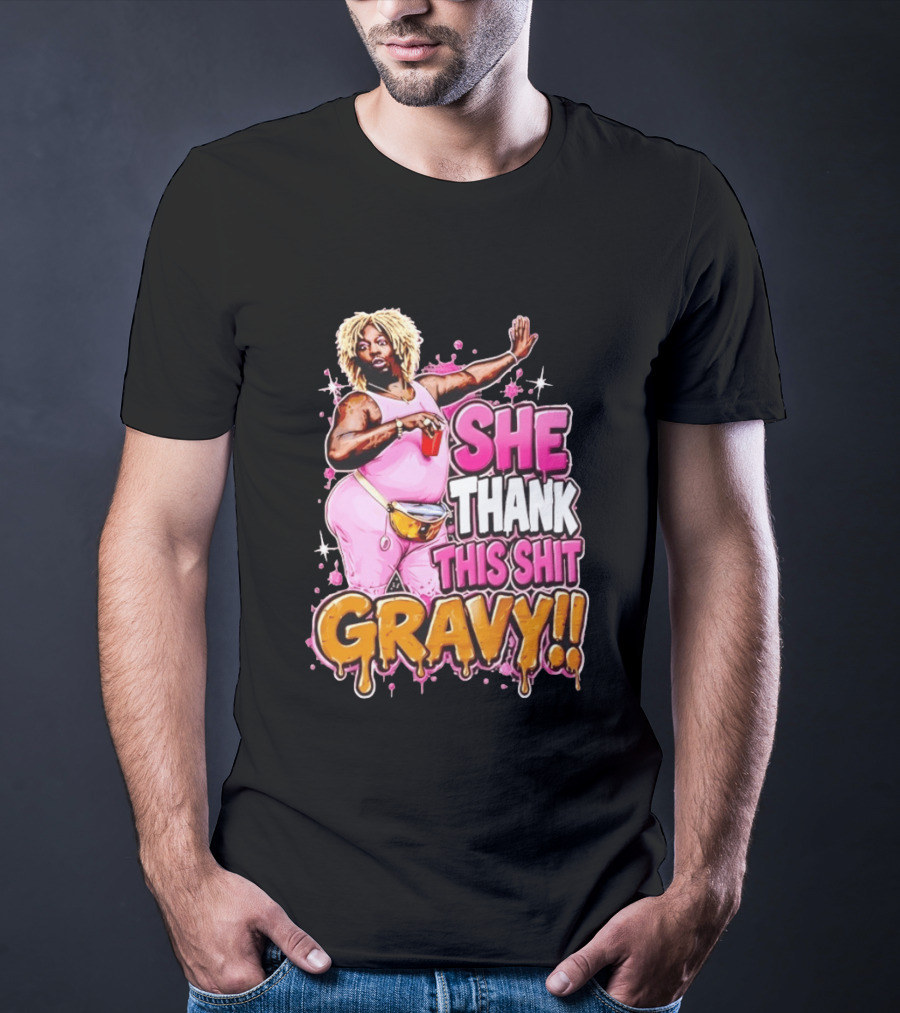 Yung Gravy She Thank This Shit Gravy Rapper Pink Outfit Drink Pose T-Shirt
