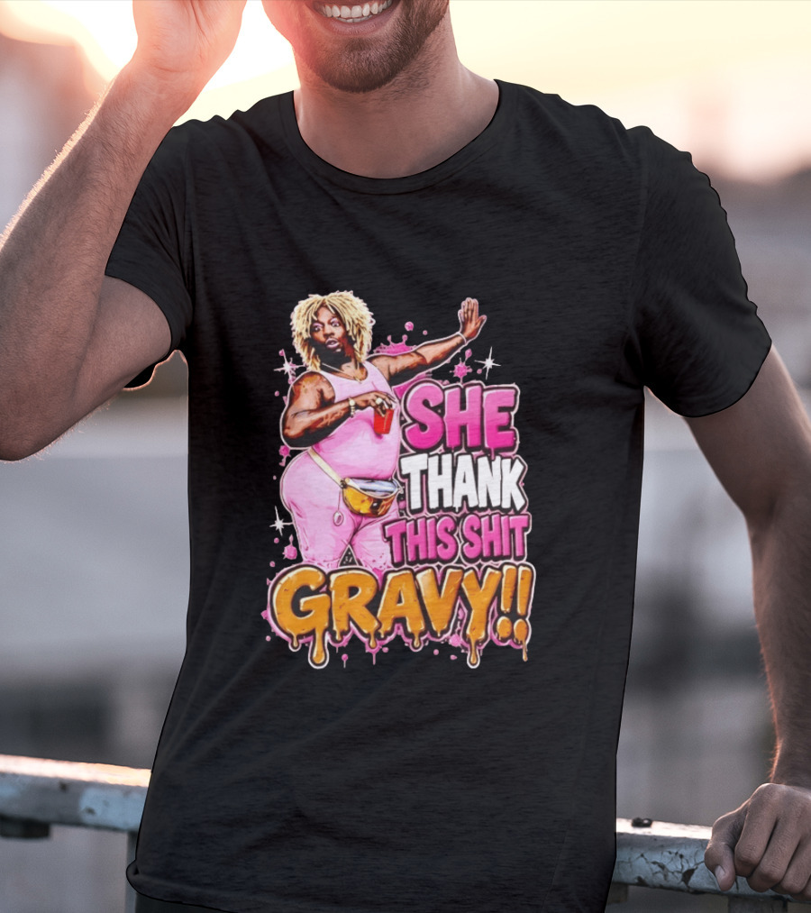 Yung Gravy She Thank This Shit Gravy Rapper Pink Outfit Drink Pose T-Shirt