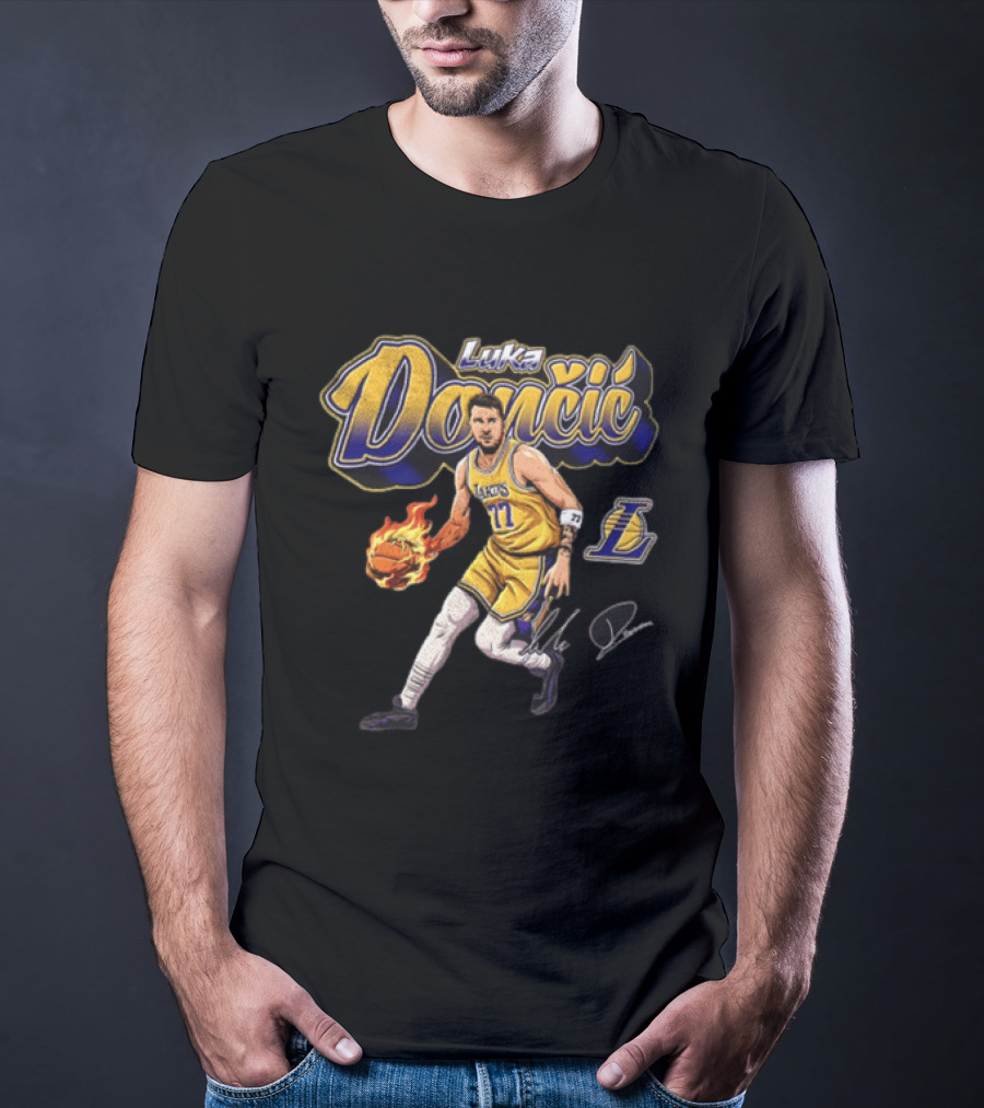 Luka Dončić Los Angeles Lakers Flaming Basketball Dribble NBA Player T-Shirt