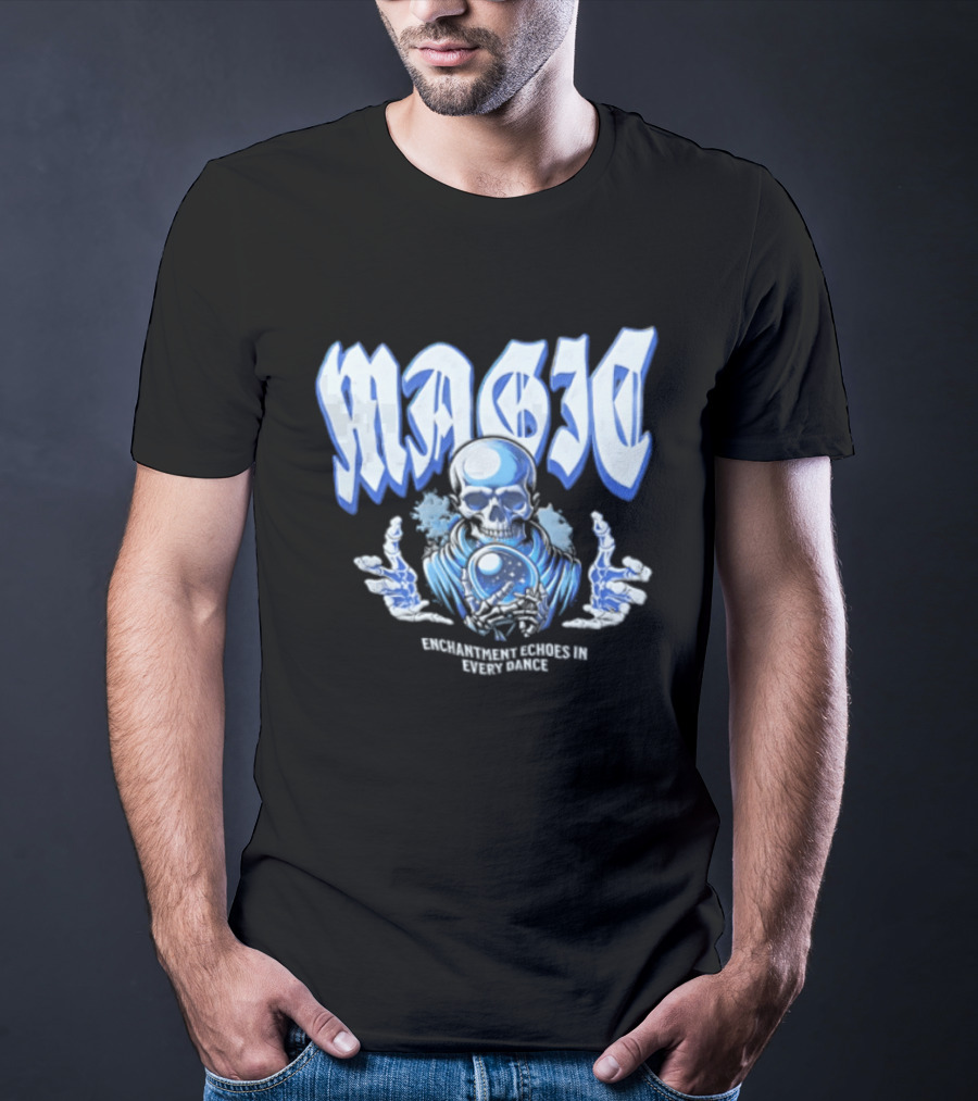 Magic Enchantment Echoes Skeleton Holding Glowing Crystal Ball T-Shirt
