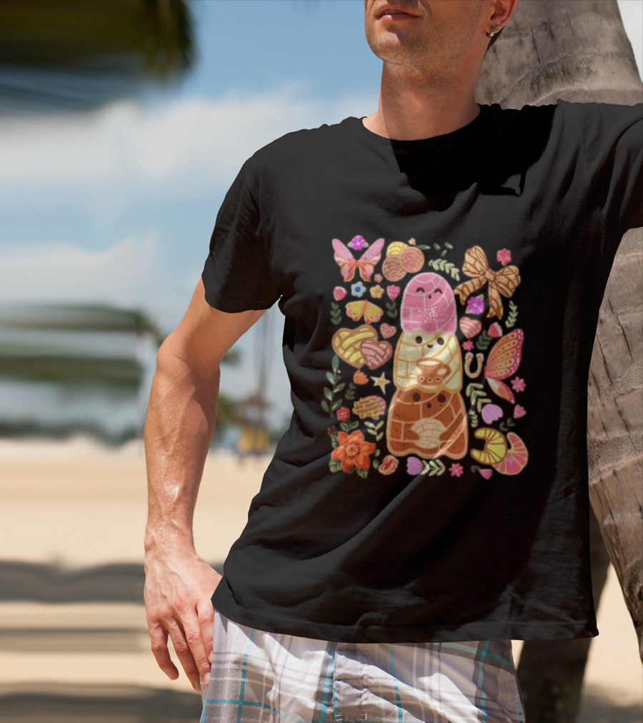 Stacked Concha Bread Characters With Colorful Flowers And Butterflies T-Shirt