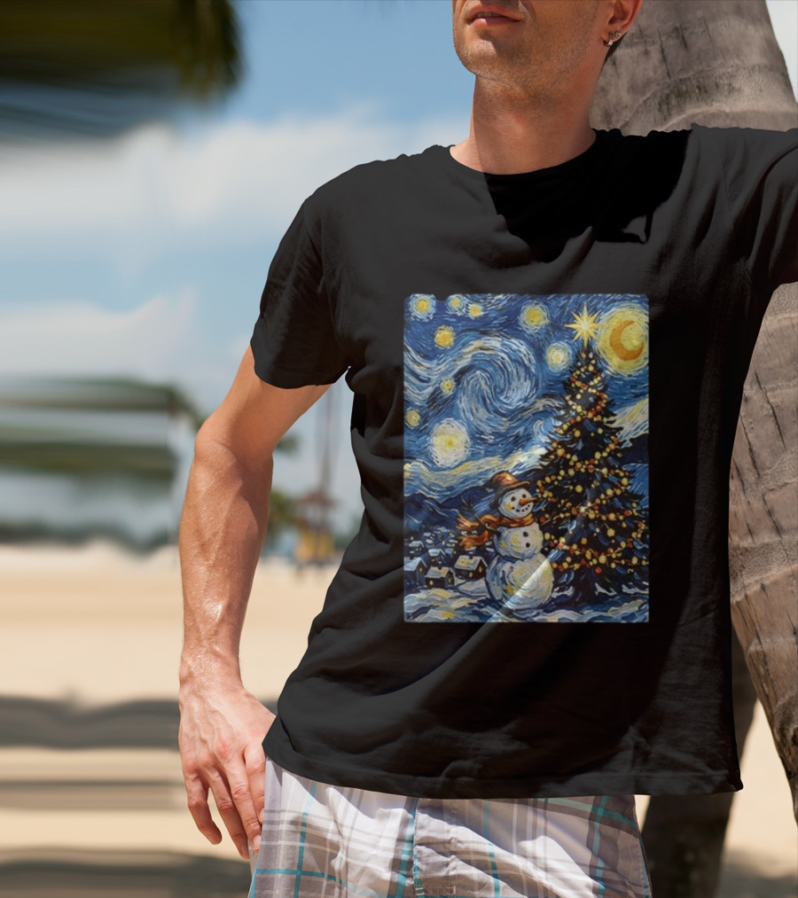 Starry Snowman Christmas Night With Tree And Sky T-Shirt