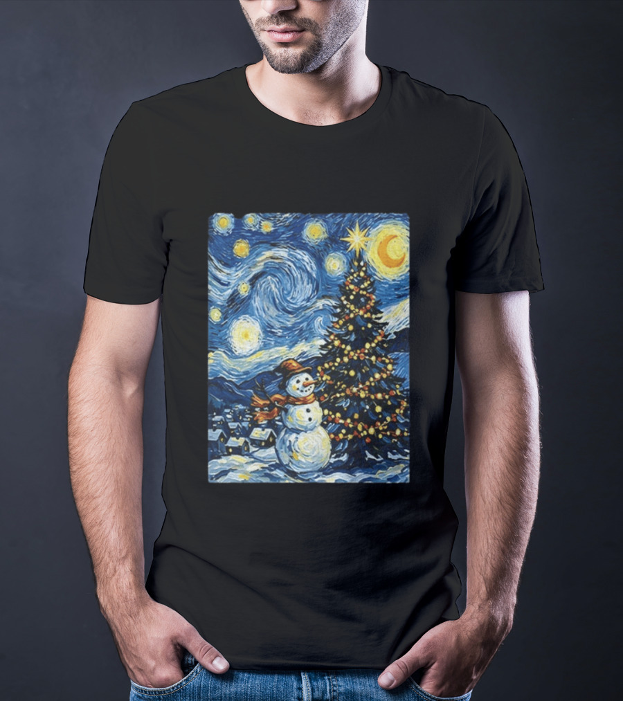 Starry Snowman Christmas Night With Tree And Sky T-Shirt