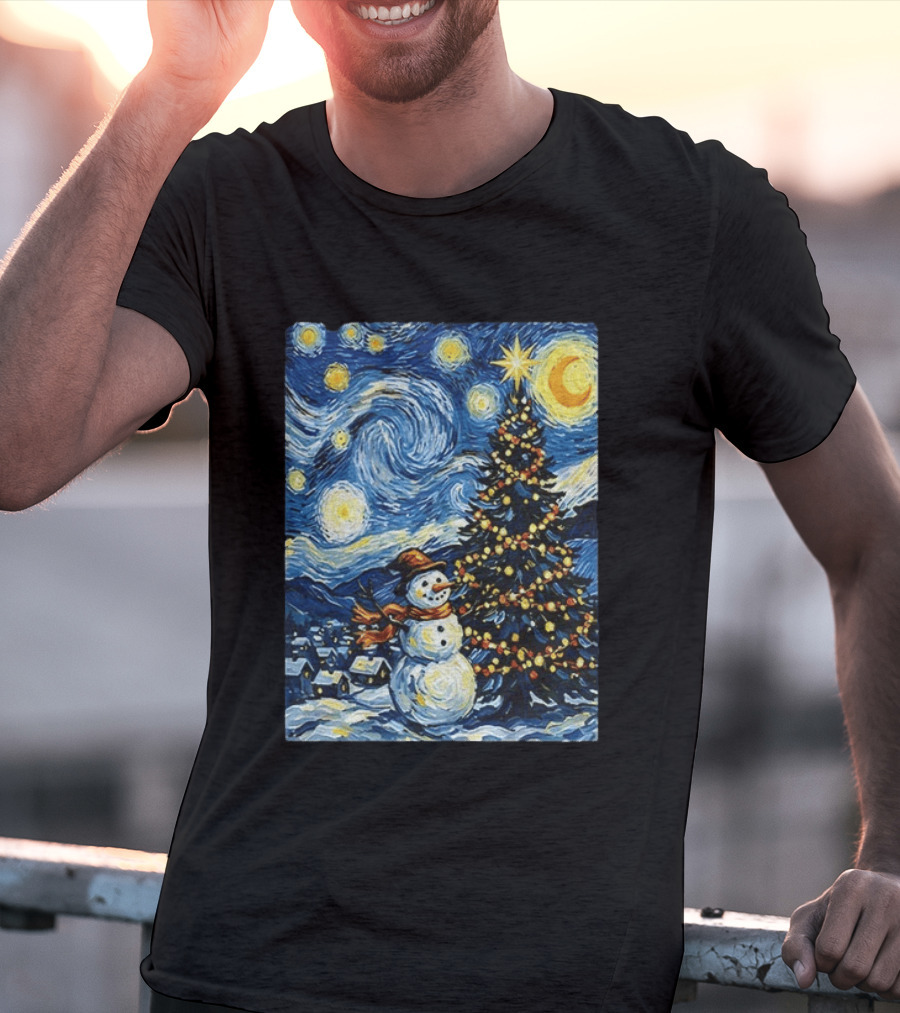 Starry Snowman Christmas Night With Tree And Sky T-Shirt