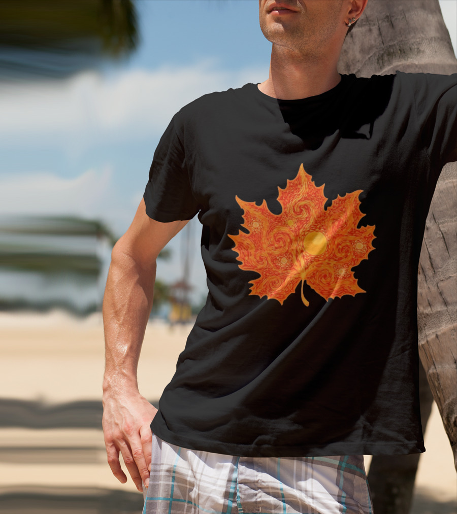 Starry Night Orange Maple Leaf Autumn Swirl T-Shirt