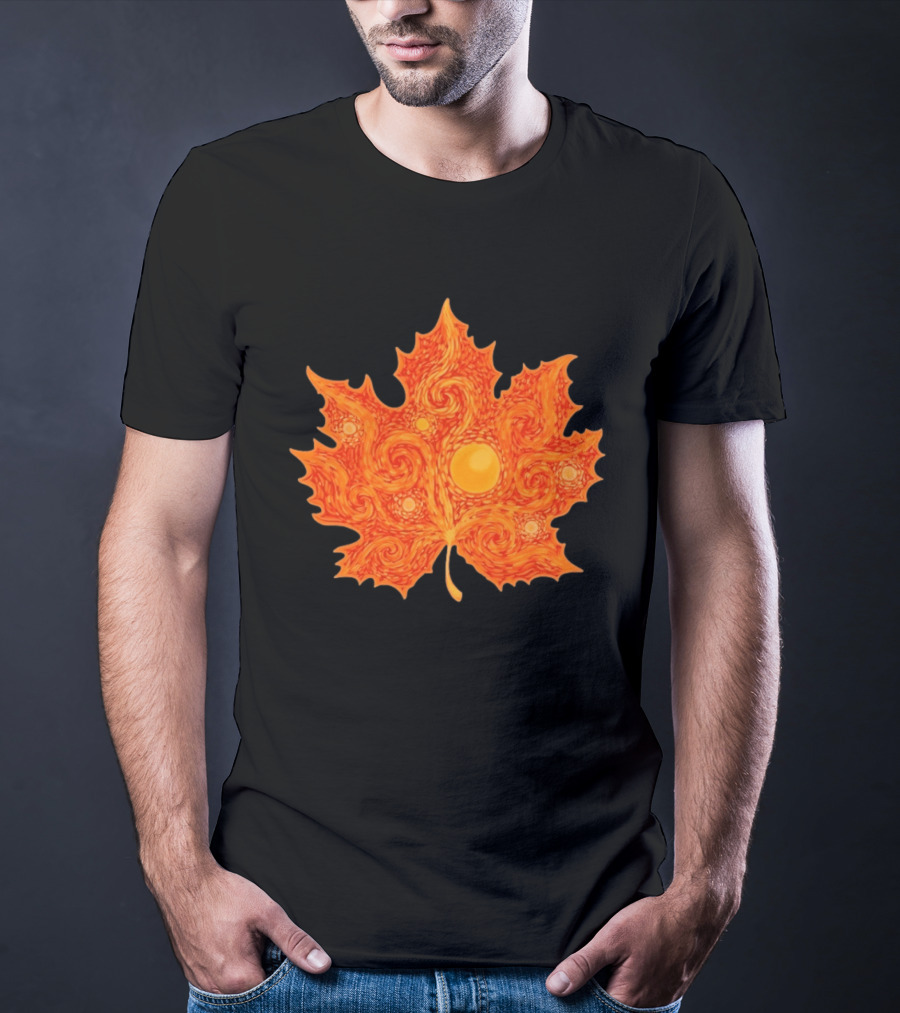 Starry Night Orange Maple Leaf Autumn Swirl T-Shirt