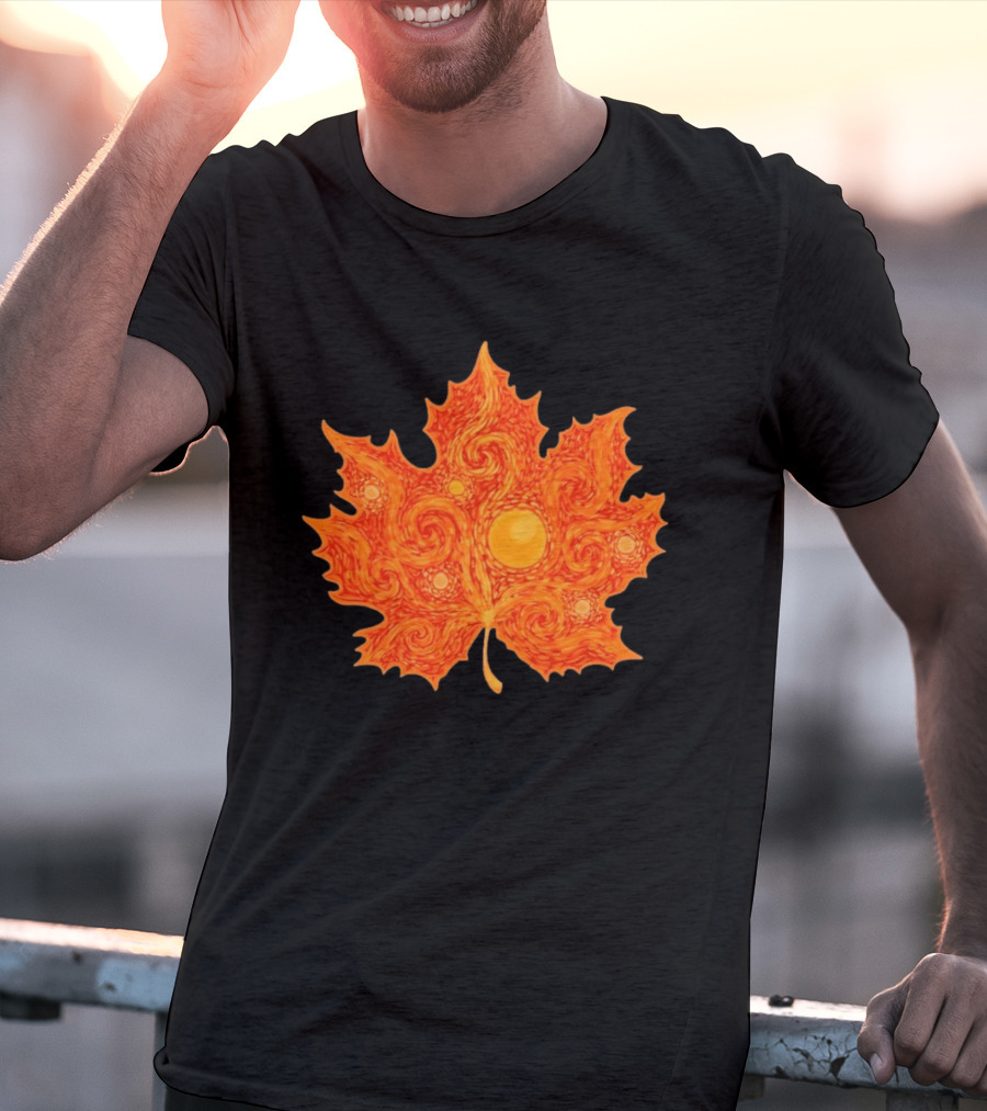 Starry Night Orange Maple Leaf Autumn Swirl T-Shirt