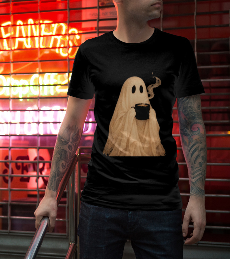 Ghost Spooky Coffee Bar Halloween Cozy Ghost Holding Coffee Steam T-Shirt
