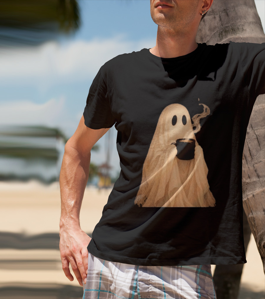 Ghost Spooky Coffee Bar Halloween Cozy Ghost Holding Coffee Steam T-Shirt