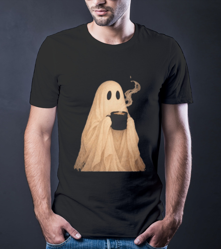 Ghost Spooky Coffee Bar Halloween Cozy Ghost Holding Coffee Steam T-Shirt
