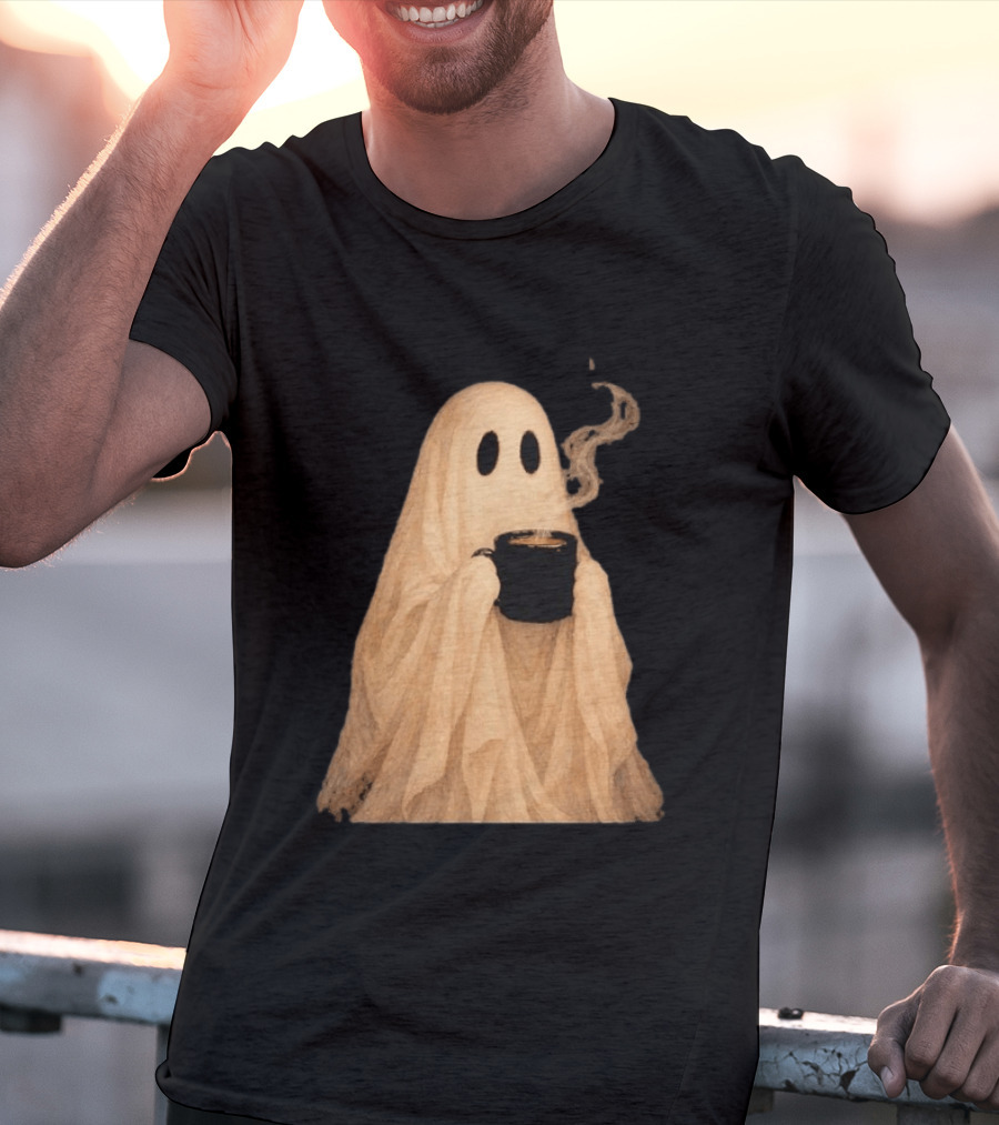 Ghost Spooky Coffee Bar Halloween Cozy Ghost Holding Coffee Steam T-Shirt
