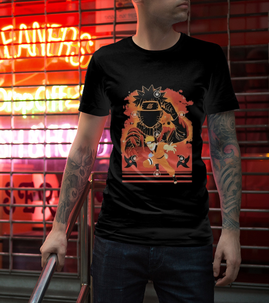 Naruto Uzumaki Ninja Action Anime Manga Shadow Clone Jutsu Shuriken Flames T-Shirt