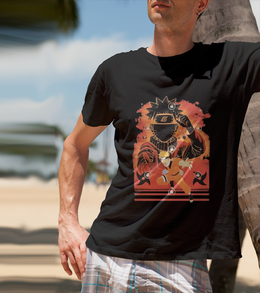 Naruto Uzumaki Ninja Action Anime Manga Shadow Clone Jutsu Shuriken Flames T-Shirt