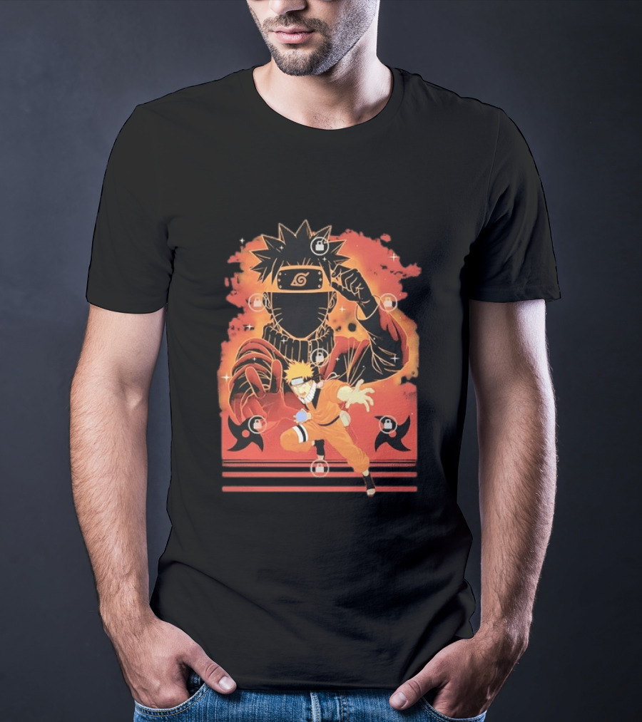 Naruto Uzumaki Ninja Action Anime Manga Shadow Clone Jutsu Shuriken Flames T-Shirt