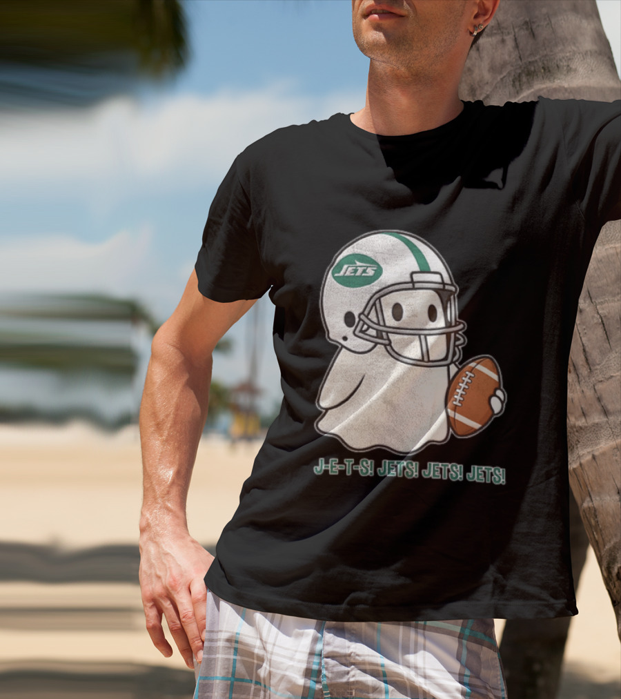 J E S Jets Jets Jets New York Jets Football Helmet Ghost Holding Football T-Shirt
