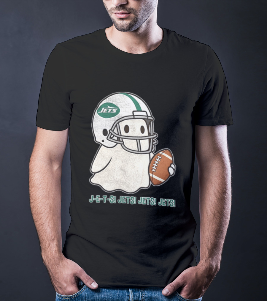 J E S Jets Jets Jets New York Jets Football Helmet Ghost Holding Football T-Shirt