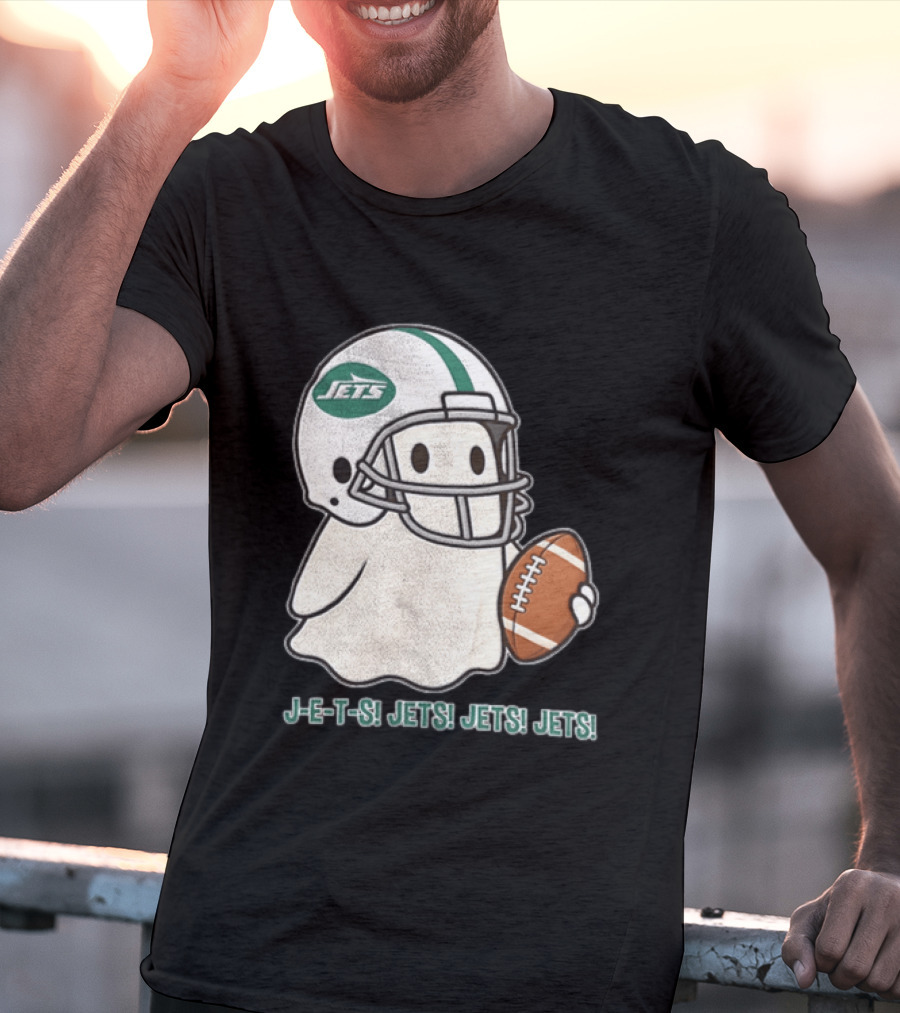 J E S Jets Jets Jets New York Jets Football Helmet Ghost Holding Football T-Shirt
