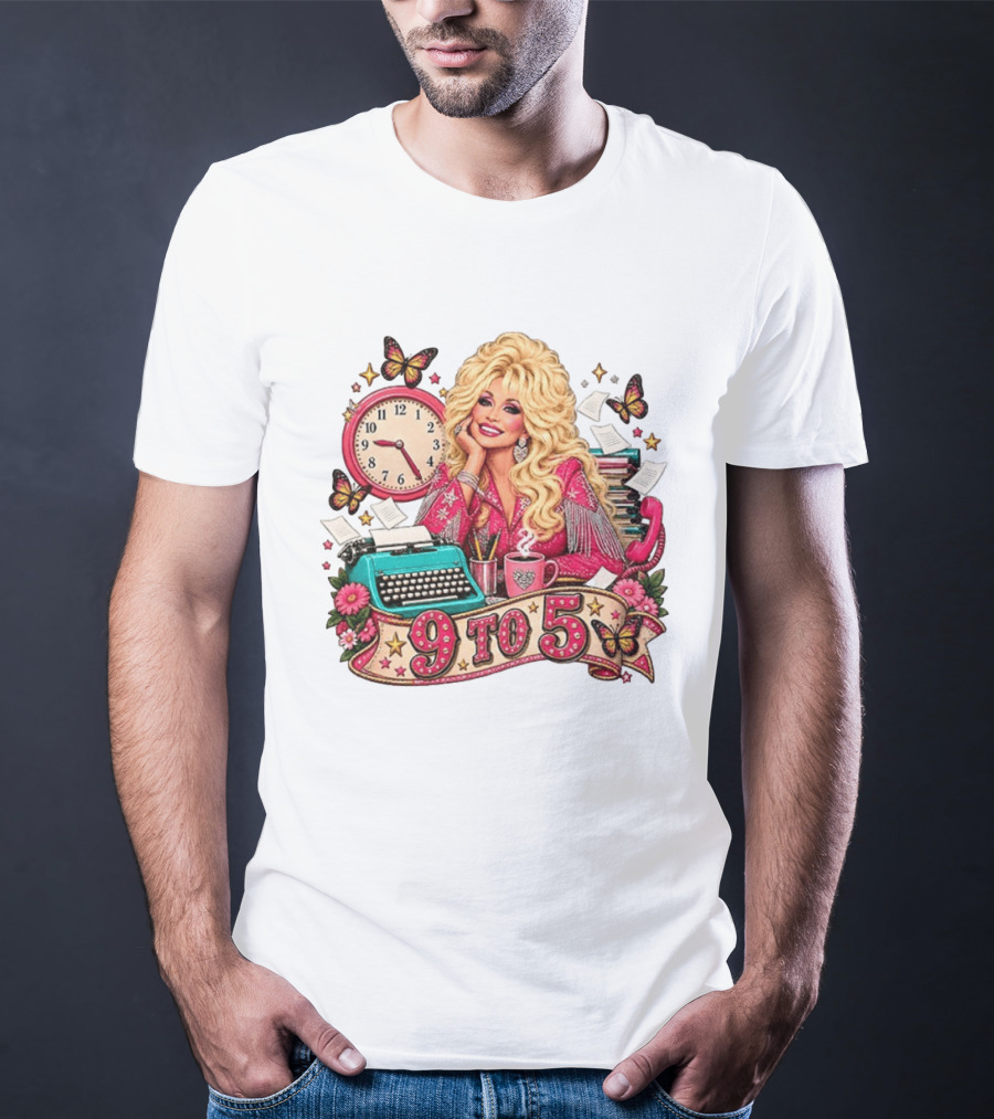 9 To 5 Dolly Parton Music Western Cowgirl Icon With Butterflies And Typewriter T-Shirt