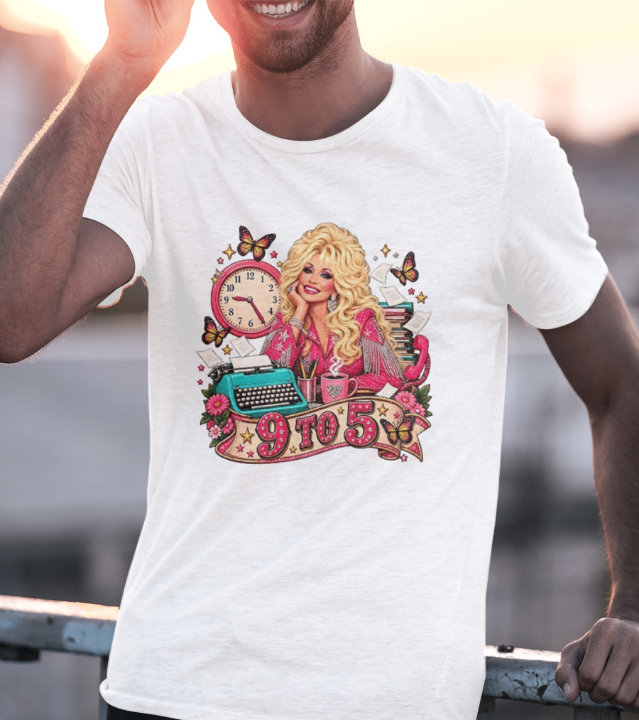 9 To 5 Dolly Parton Music Western Cowgirl Icon With Butterflies And Typewriter T-Shirt