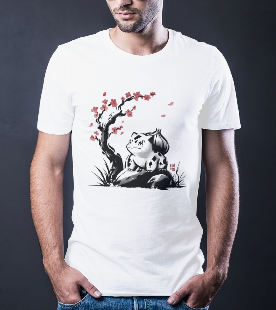 Bulbasaur Sumi E Ink Wash Painting With Cherry Blossom Pokemon T-Shirt