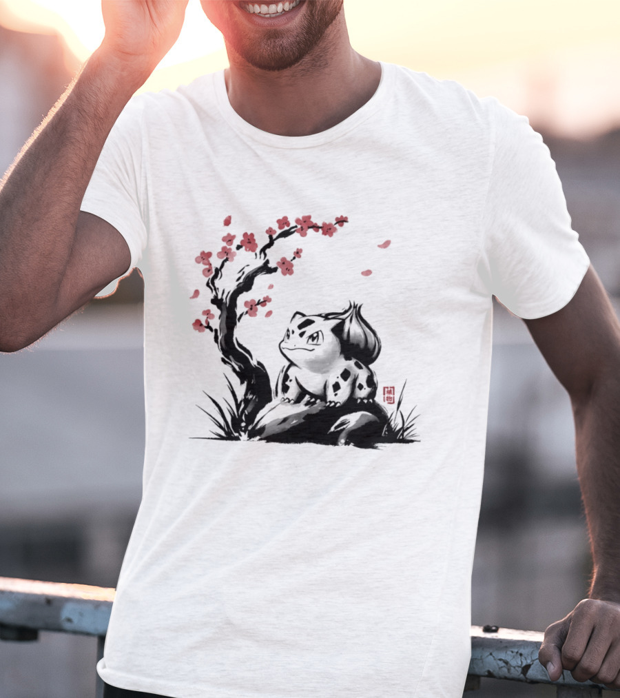Bulbasaur Sumi E Ink Wash Painting With Cherry Blossom Pokemon T-Shirt