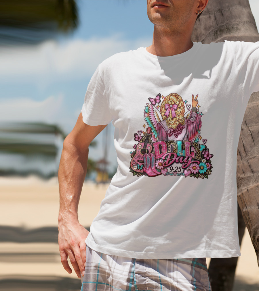 Dolly Day 9.25 Pink Cowgirl Boots Guitar Western Butterflies Hearts T-Shirt