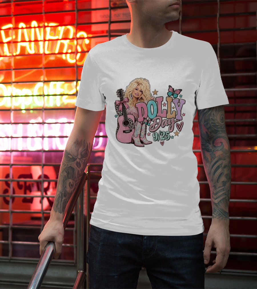 Dolly Day 9/25 Pink Butterfly Guitar Boots Stars T-Shirt