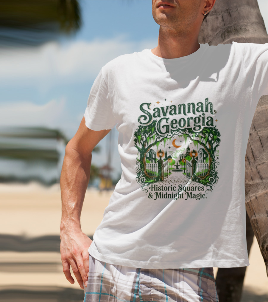Savannah Georgia Historic Squares Midnight Magic Crescent Moon And Lanterns T-Shirt