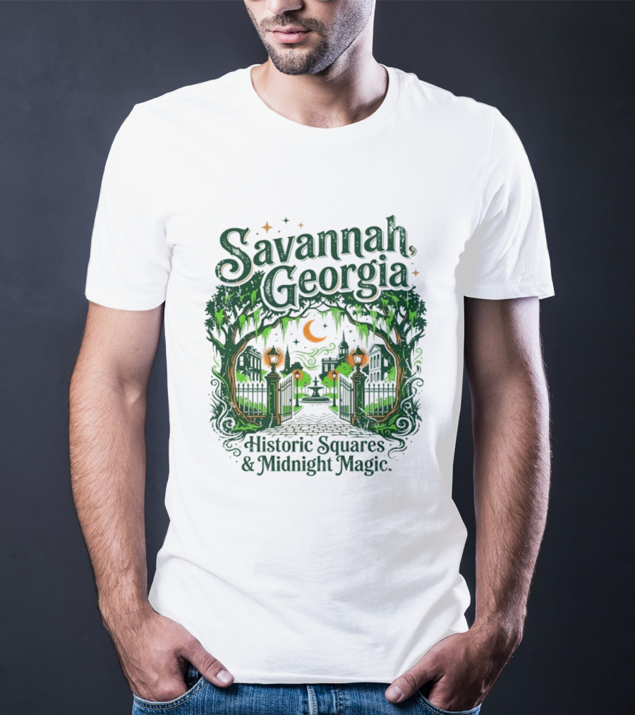 Savannah Georgia Historic Squares Midnight Magic Crescent Moon And Lanterns T-Shirt