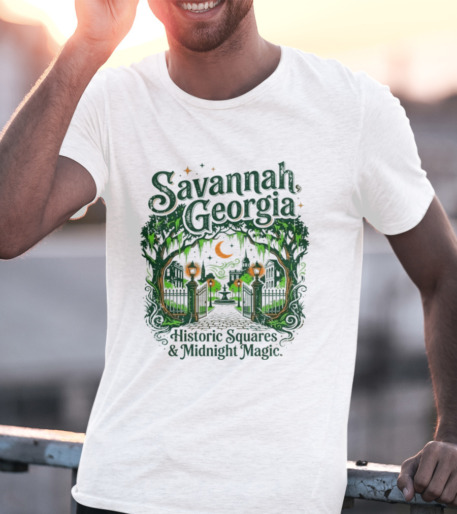 Savannah Georgia Historic Squares Midnight Magic Crescent Moon And Lanterns T-Shirt