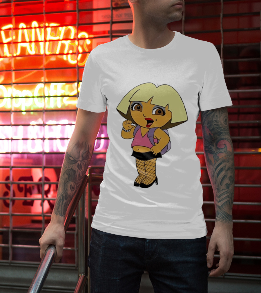 Explorer Parody Cartoon Mashup Pop Culture Icon With Backpack And Fishnets T-Shirt