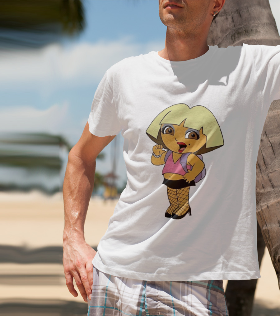 Explorer Parody Cartoon Mashup Pop Culture Icon With Backpack And Fishnets T-Shirt