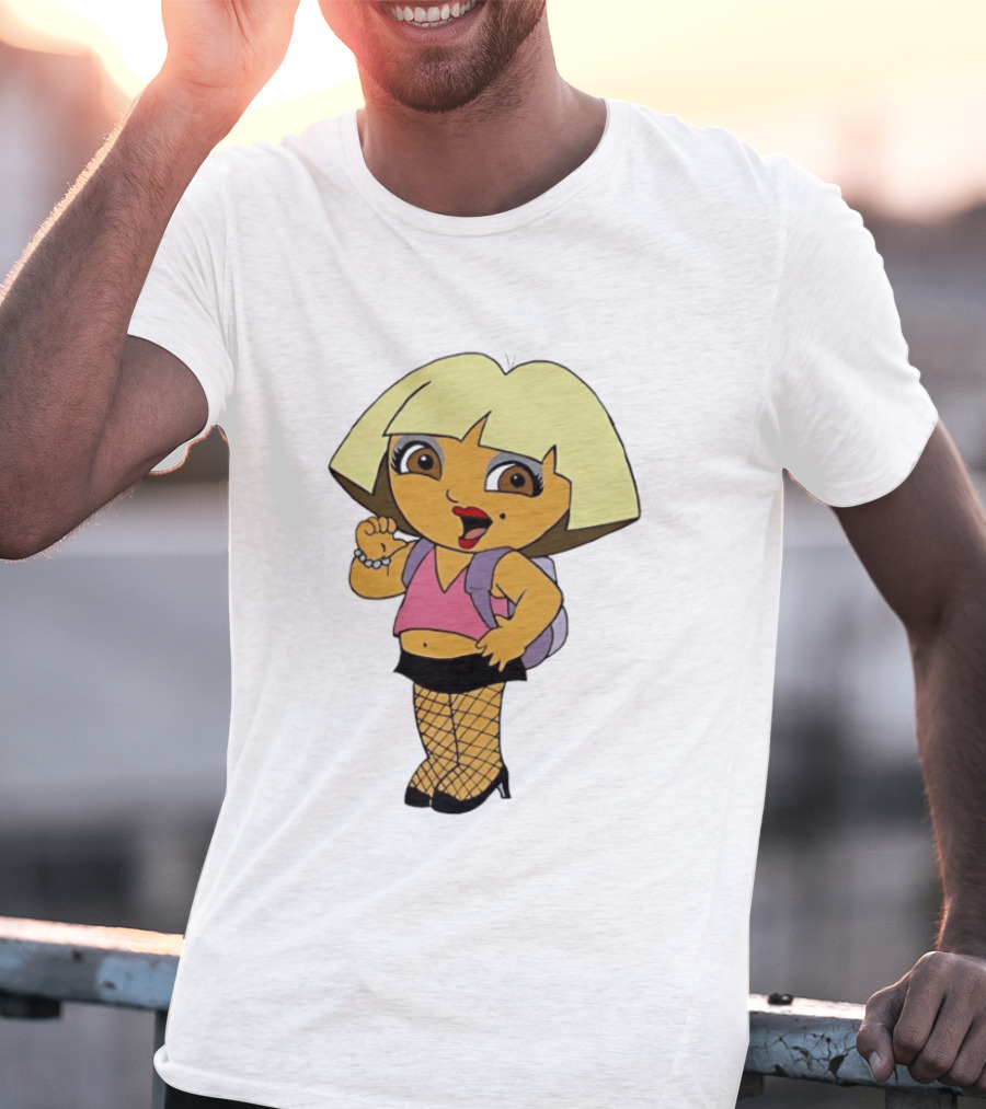 Explorer Parody Cartoon Mashup Pop Culture Icon With Backpack And Fishnets T-Shirt