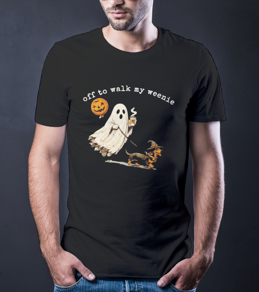 Ghost Walking With Pumpkin Balloon And Dachshund Halloween Fun T-Shirt