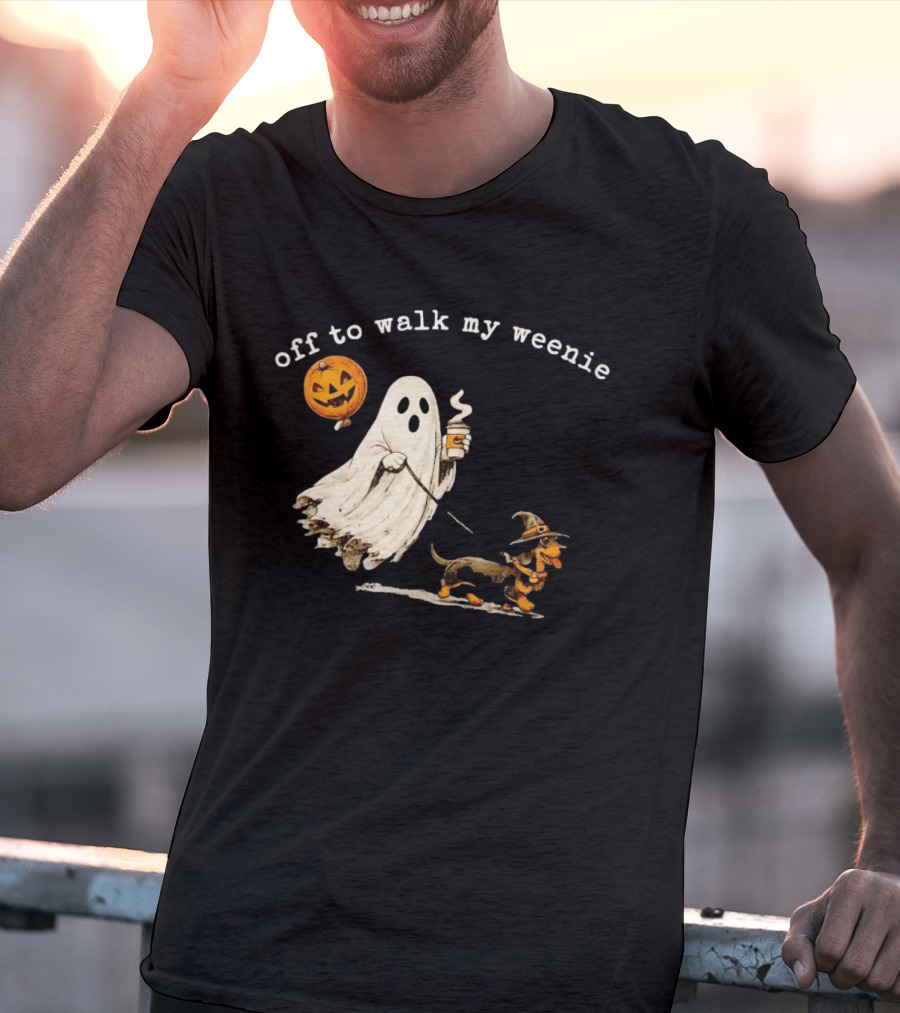 Ghost Walking With Pumpkin Balloon And Dachshund Halloween Fun T-Shirt
