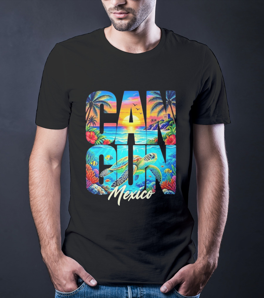 Cancun Mexico Tropical Sea Turtle Sunset Palm Trees Ocean Scene T-Shirt