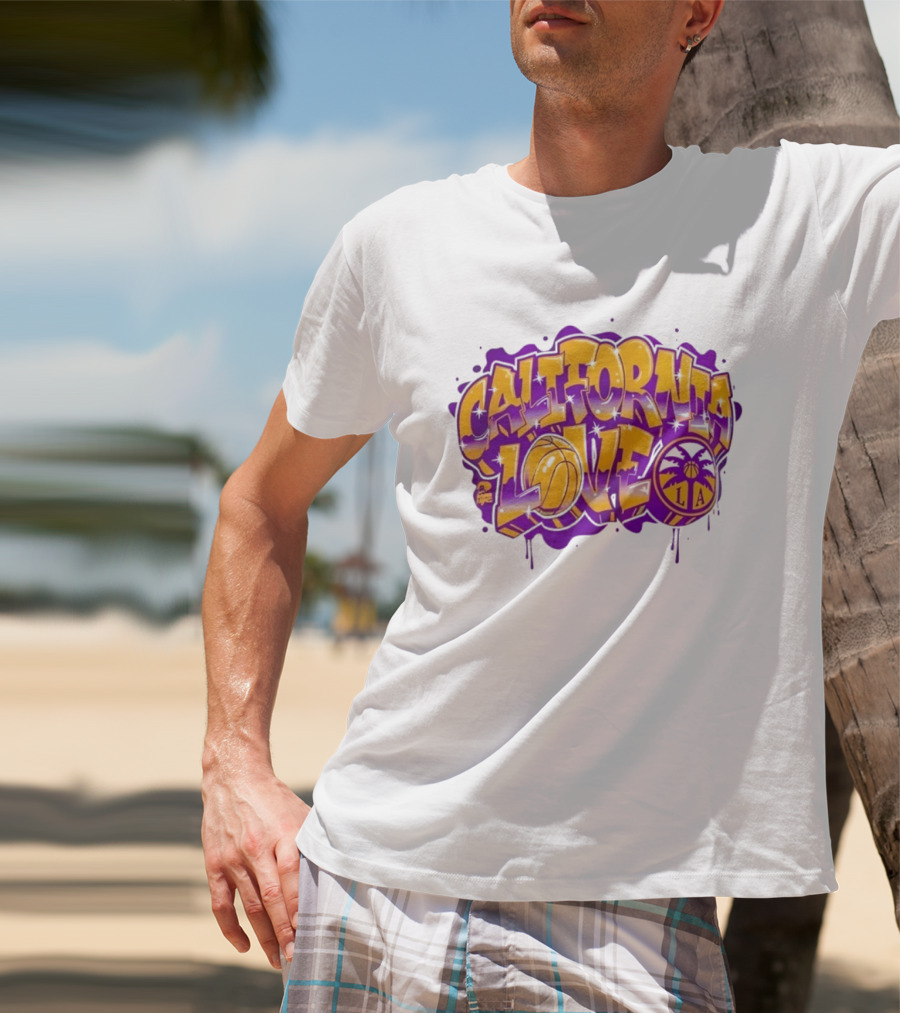California Love Los Angeles Basketball LA Graffiti Style With Palm Trees And Purple Basketball T-Shirt
