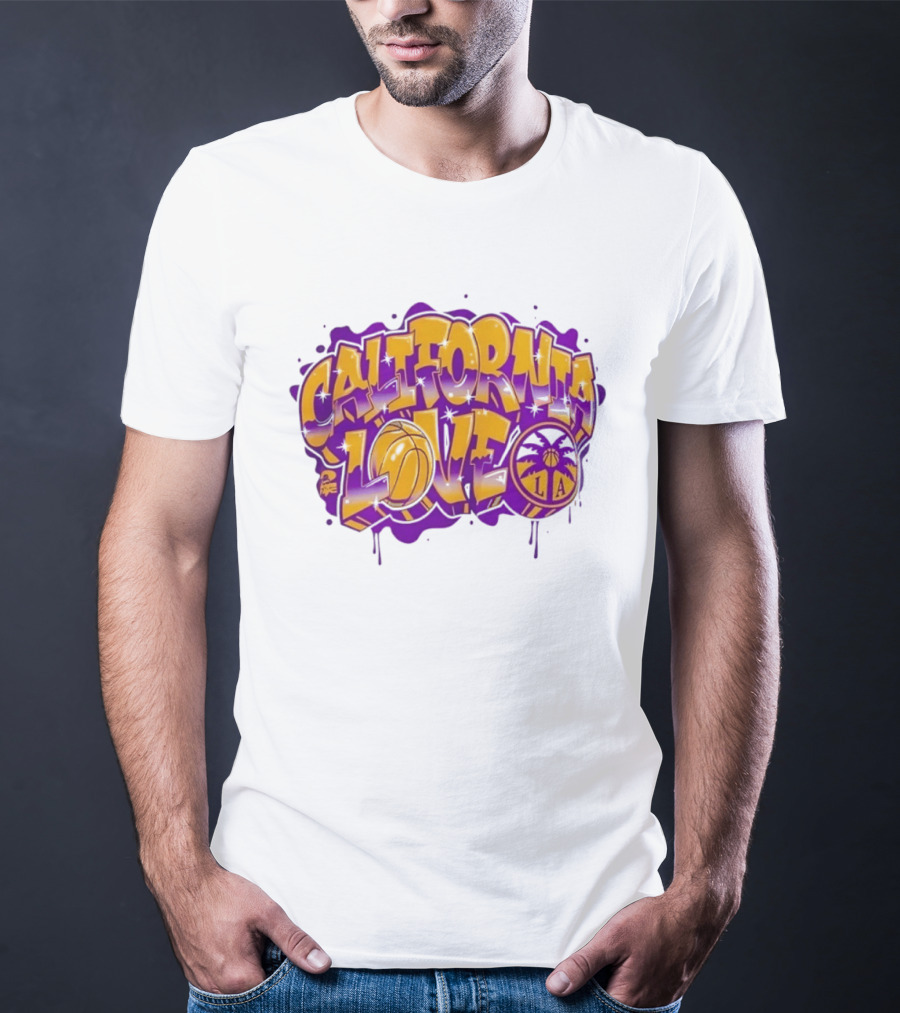 California Love Los Angeles Basketball LA Graffiti Style With Palm Trees And Purple Basketball T-Shirt